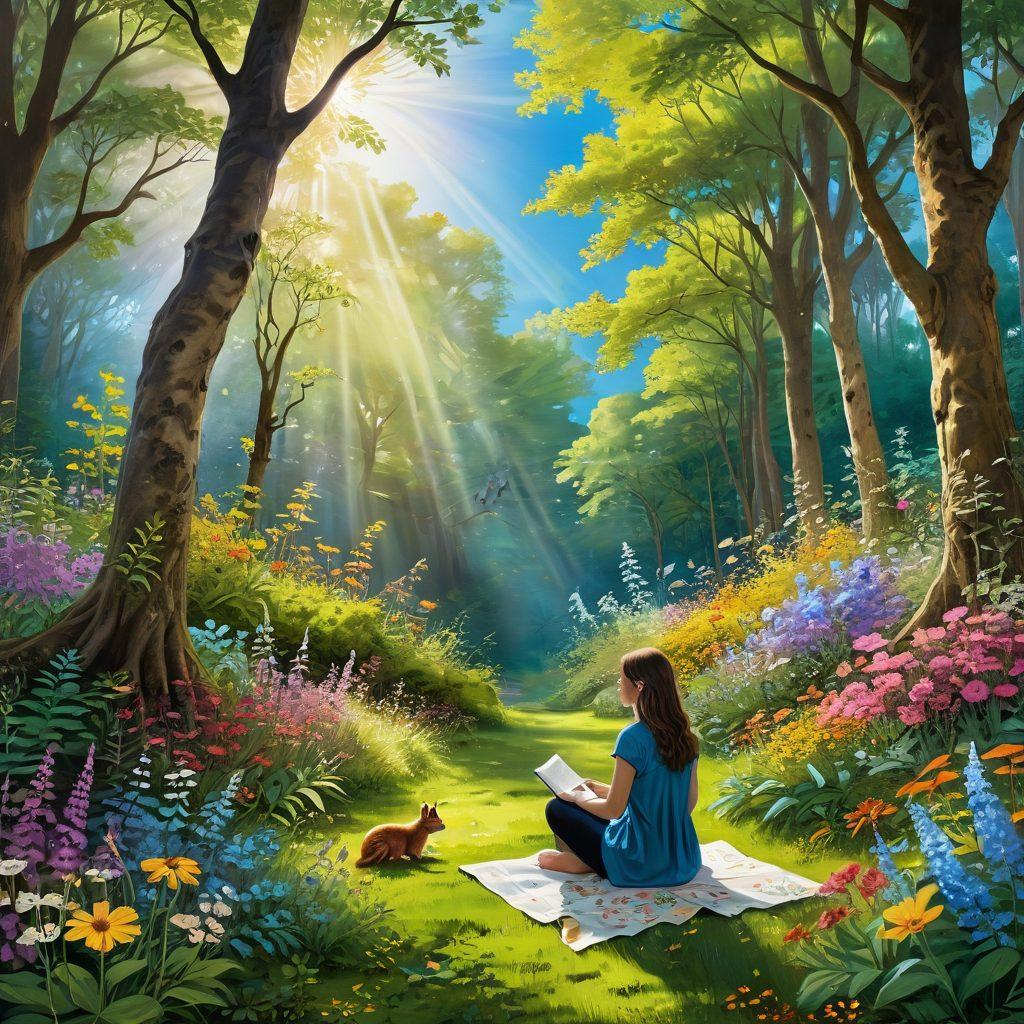 A radiant sunbeam breaking through a lush forest canopy, illuminating colorful flowers and small creatures, symbolizing joy and inspiration. A person in the foreground, sketching nature's beauty with a look of awe. Soft, whimsical clouds float in a bright blue sky. Nature's vibrant colors burst forth, creating an atmosphere of creativity and serenity. painting. bright colors. dreamy aesthetic.