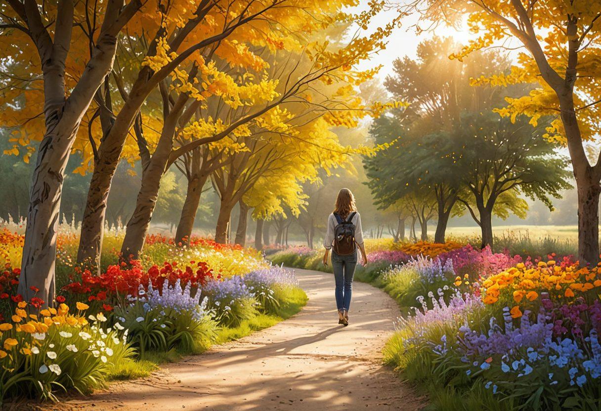A serene pathway illuminated by soft golden light, lined with blooming flowers and gentle trees, leading towards a bright horizon. Include a person joyfully walking on the path, embodying a sense of purpose and contentment. Add whimsical butterflies fluttering around, enhancing the feeling of cheerfulness and positivity. Use warm colors and a soft, dreamlike atmosphere. super-realistic. vibrant colors.
