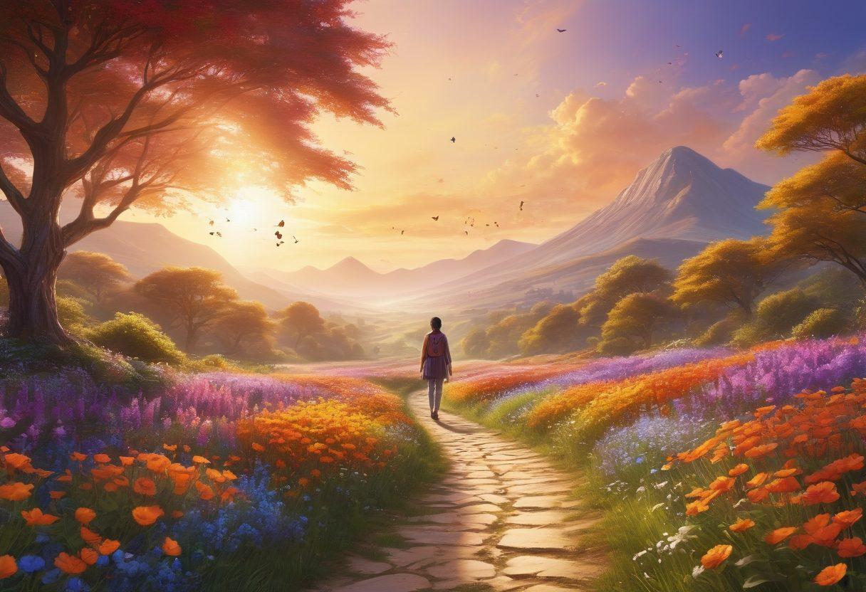 A serene landscape featuring a radiant sunrise casting warm golden rays over a picturesque field of blooming flowers. In the foreground, a person joyfully embracing the moment with open arms, surrounded by butterflies and vibrant colors that symbolize inspiration. A glowing pathway leads towards a distant horizon, inviting the viewer to embark on their own journey of joy and enlightenment. super-realistic. vibrant colors. soft focus.